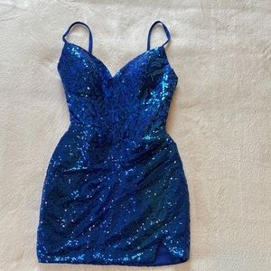 Blue Sequin Bodycon Mini Dress with Spaghetti Straps